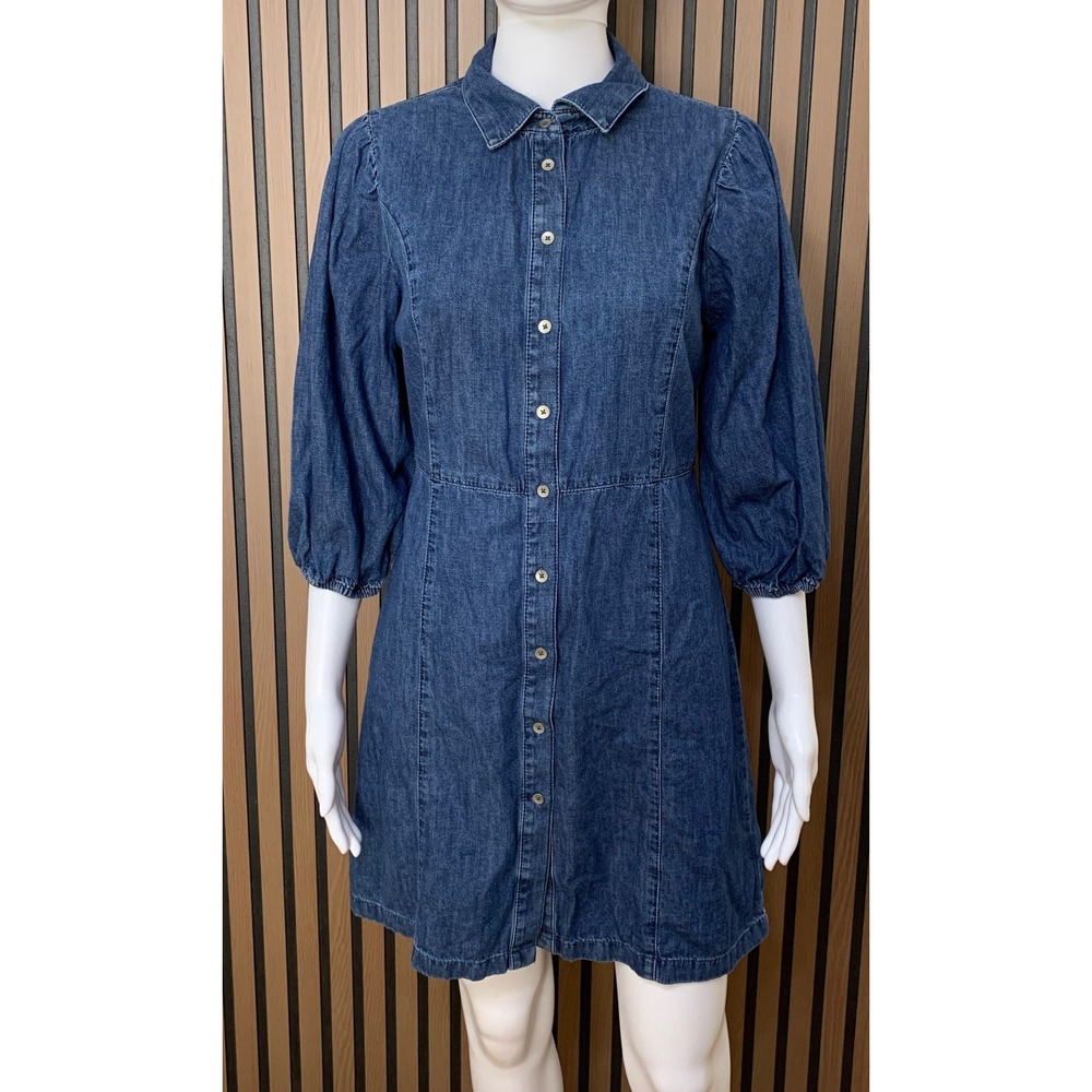 Gap Denim Mini Dress Women's Small Blue Organic Cotton Puff Sleeve Button Front